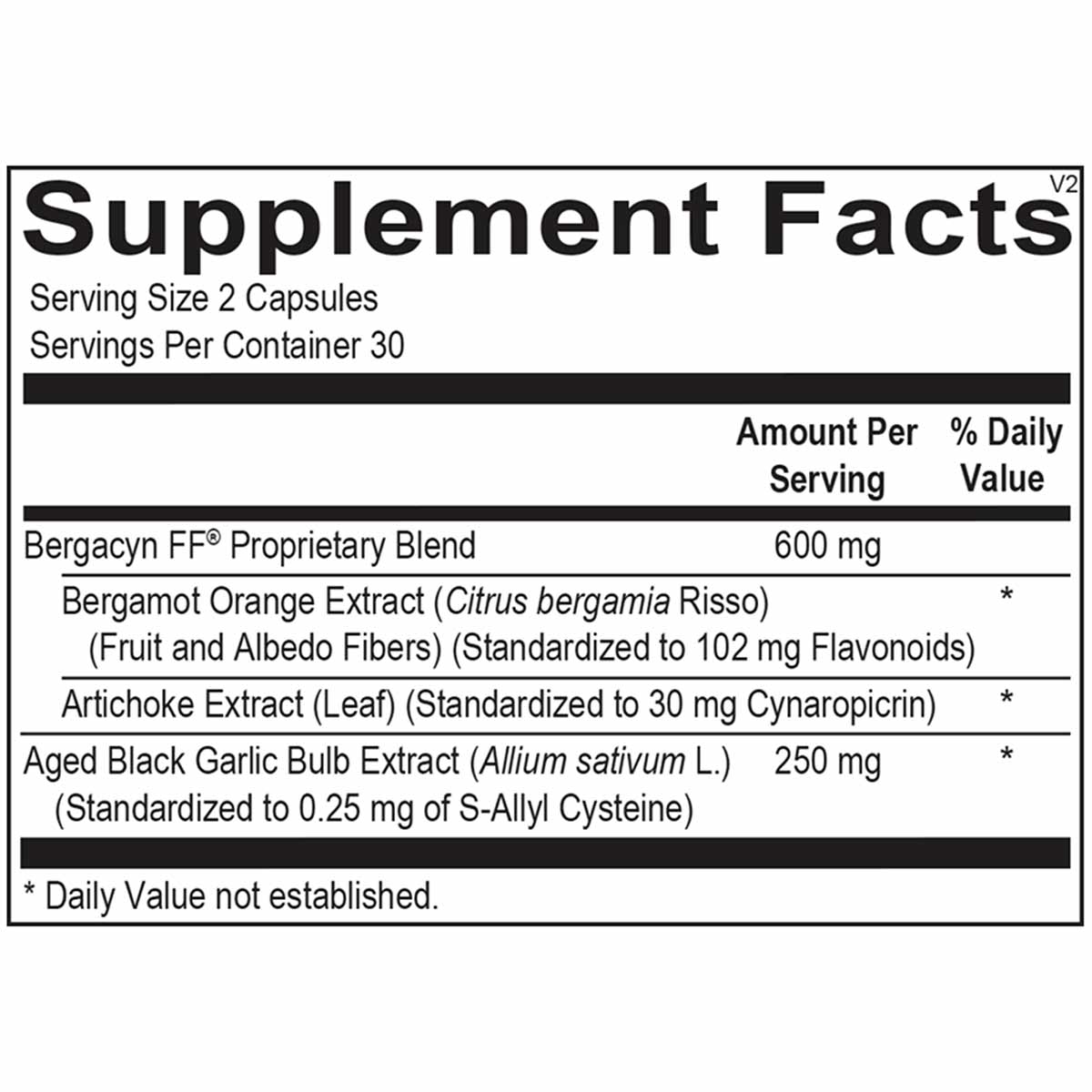 Supplement Facts label for HepatoCORE showing serving size of 2 capsules with Bergacyn FF proprietary blend, artichoke extrac