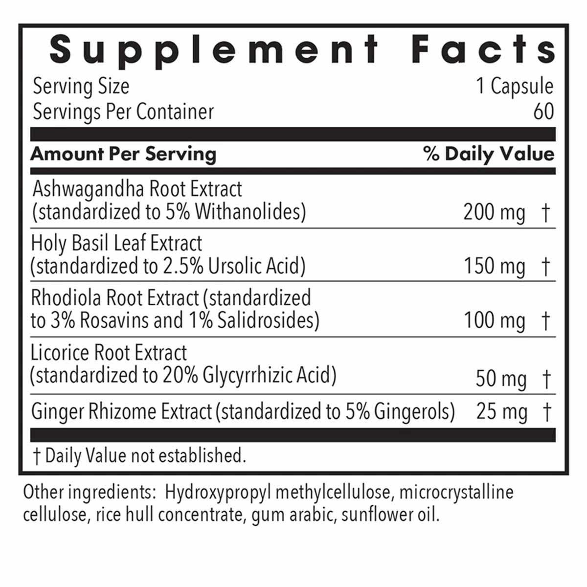 Supplement Facts label for Herbal Adapt showing ingredients including Ashwagandha Root Extract, Holy Basil Leaf Extract, Rhod
