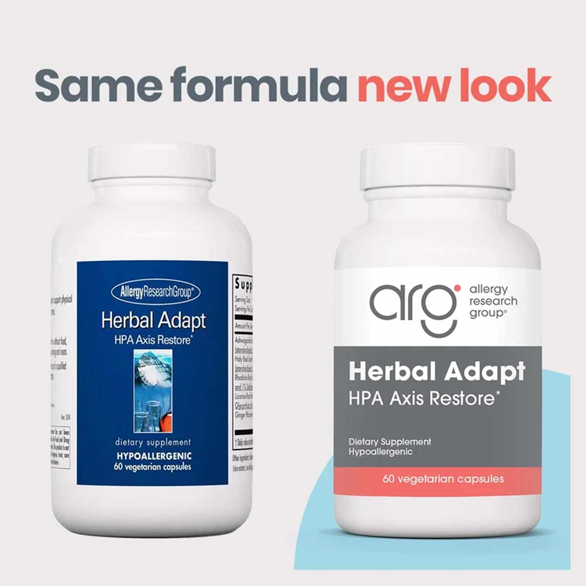 Two white bottles of Herbal Adapt dietary supplement by Allergy Research Group, showing old and new label designs, each conta