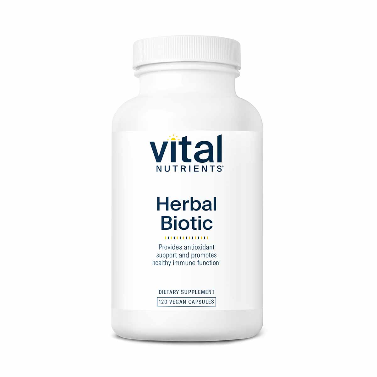 White bottle of Vital Nutrients Herbal Biotic dietary supplement containing 120 vegan capsules.