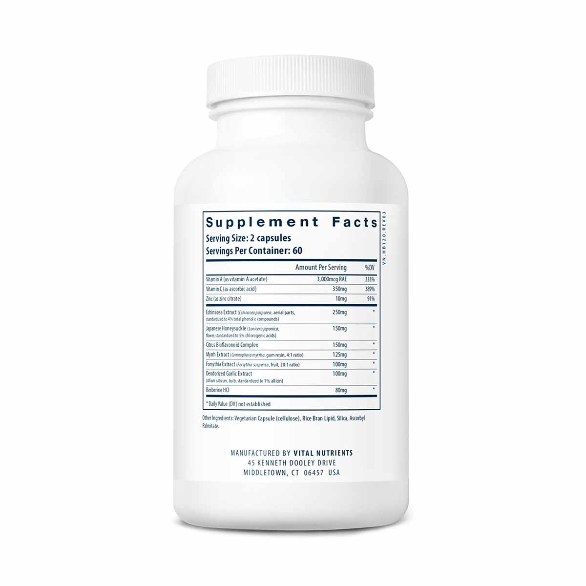 White supplement bottle with white cap labeled "Supplement Facts" showing herbal ingredient information and manufacturer deta