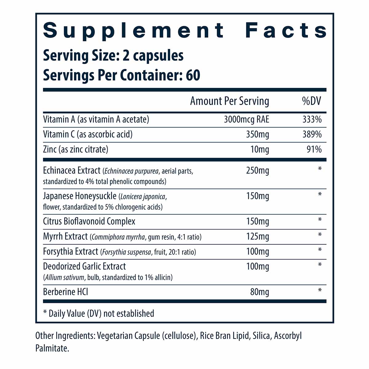 Supplement Facts label for Herbal Biotic showing serving size of 2 capsules with vitamins, minerals, and herbal extracts incl