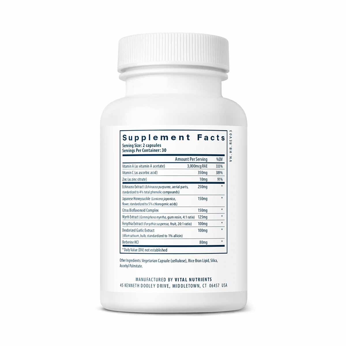 White supplement bottle with white cap containing Herbal Biotic by Vital Nutrients, showing supplement facts label listing vi