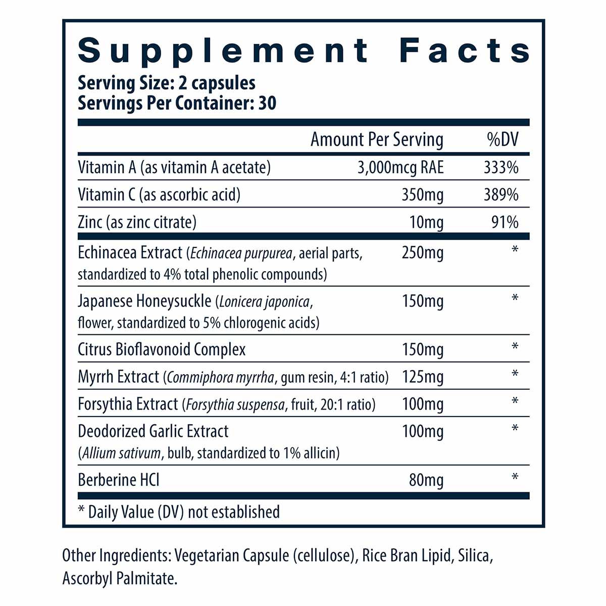 Supplement Facts label for Herbal Biotic capsules listing vitamins, herbal extracts, and other ingredients per serving.