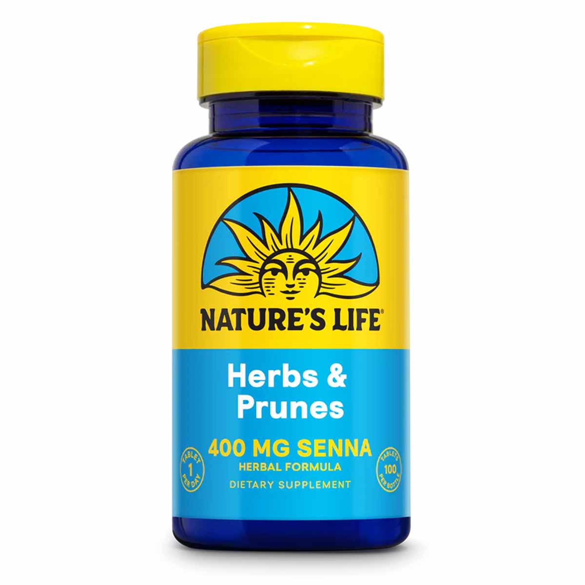 Blue bottle with yellow cap labeled "Herbs & Prunes" containing 400mg senna herbal dietary supplement by Nature's Life.