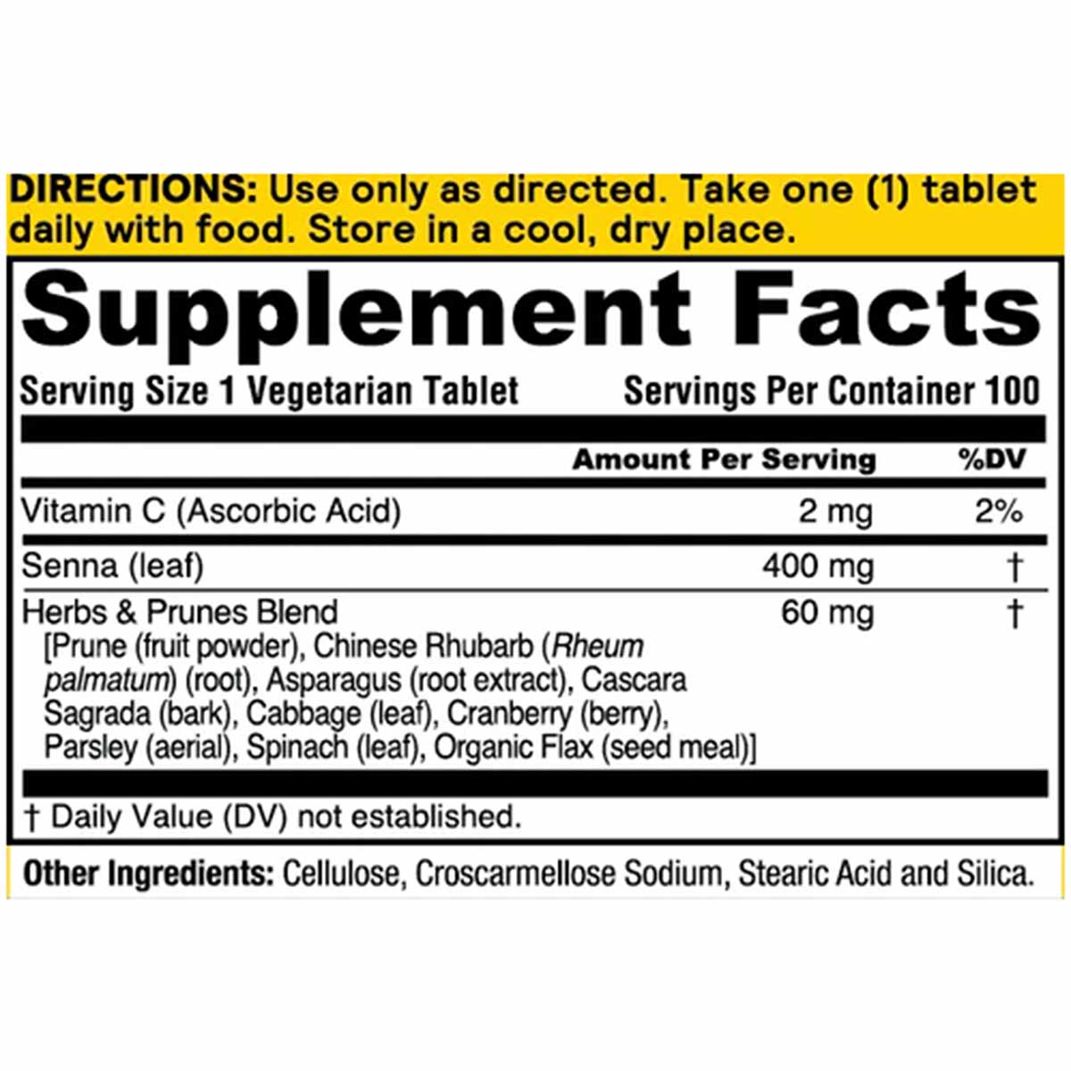 Supplement Facts label showing directions, serving size of one vegetarian tablet daily, and ingredients including Vitamin C, 