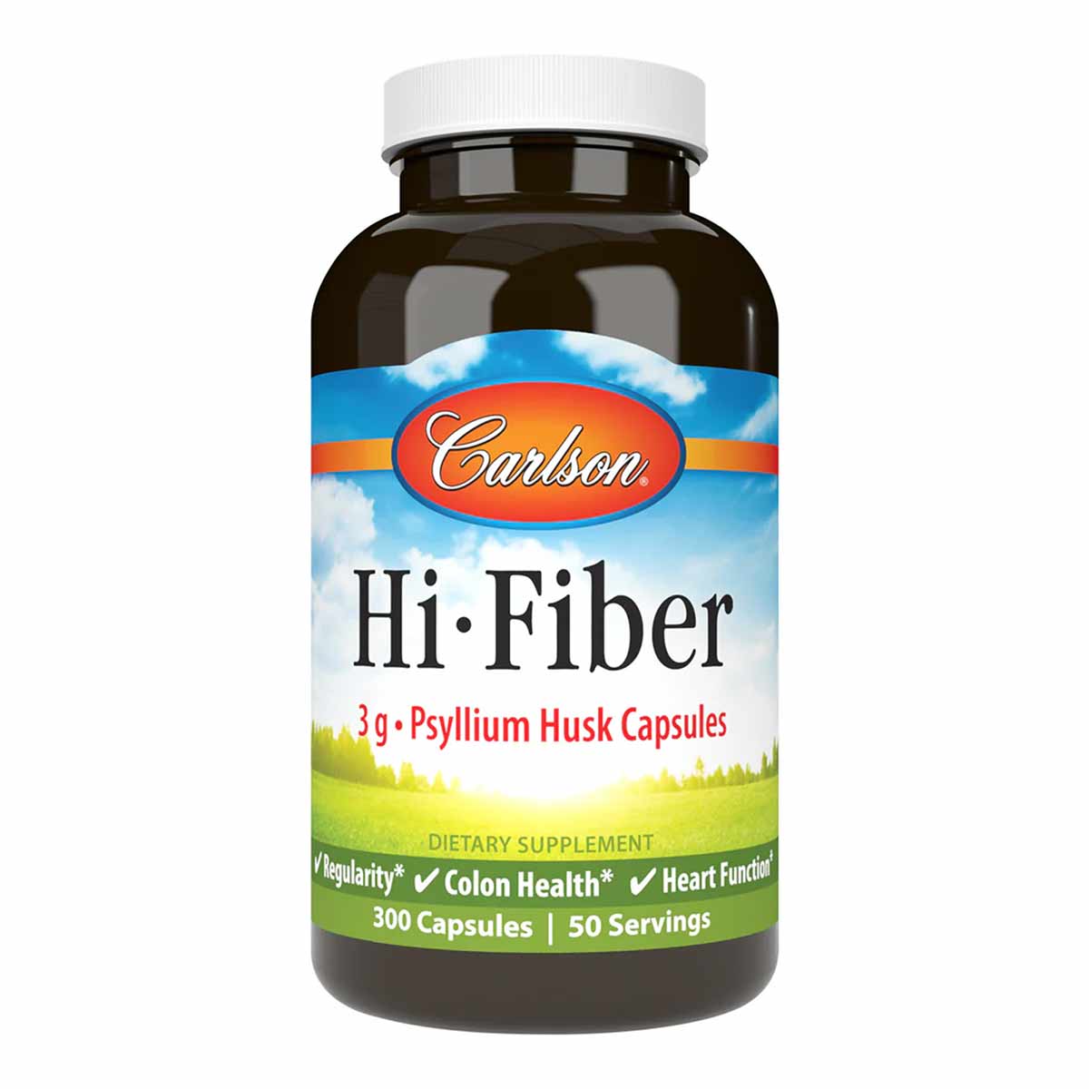 Carlson Labs Hi-Fiber bottle with white cap containing 300 psyllium husk capsules.