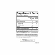 Supplement Facts label for Hi-Fiber capsules showing dietary fiber, soluble fiber, and psyllium husk powder per serving with 