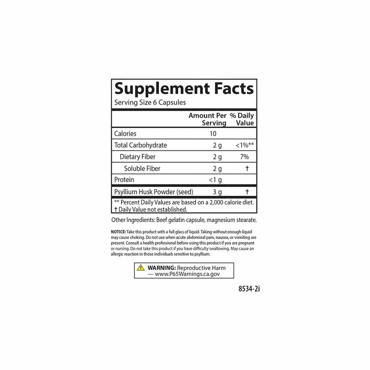 Supplement Facts label for Hi-Fiber capsules showing dietary fiber, soluble fiber, and psyllium husk powder per serving with 
