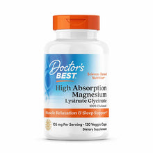 White bottle with orange cap containing Doctor's Best High Absorption Magnesium Lysinate Glycinate dietary supplement, 120 ve