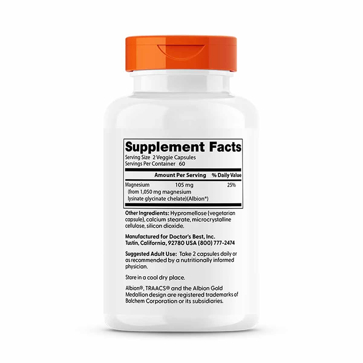 White bottle with orange cap containing magnesium lysinate glycinate supplement capsules and supplement facts label.