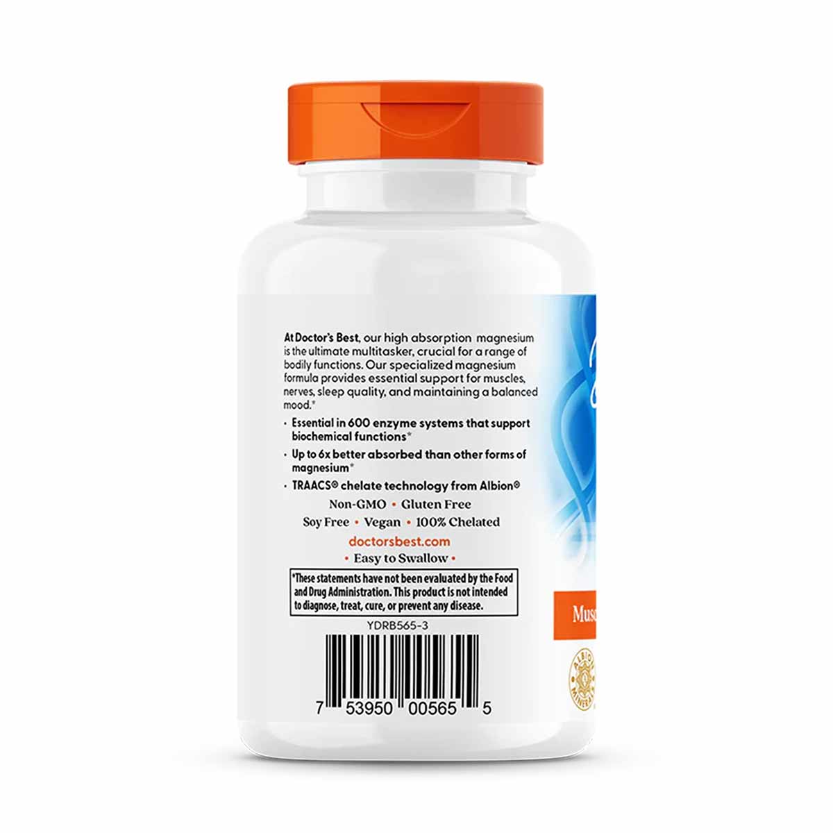 White cylindrical supplement bottle with orange cap containing magnesium lysinate glycinate tablets by Doctor's Best.