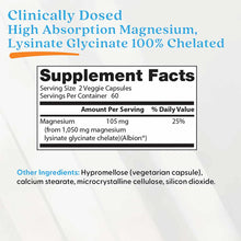 Supplement label showing magnesium lysinate glycinate dosage information, ingredients, and serving details on white backgroun