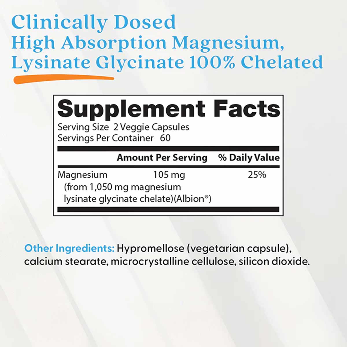 Supplement label showing magnesium lysinate glycinate dosage information, ingredients, and serving details on white backgroun