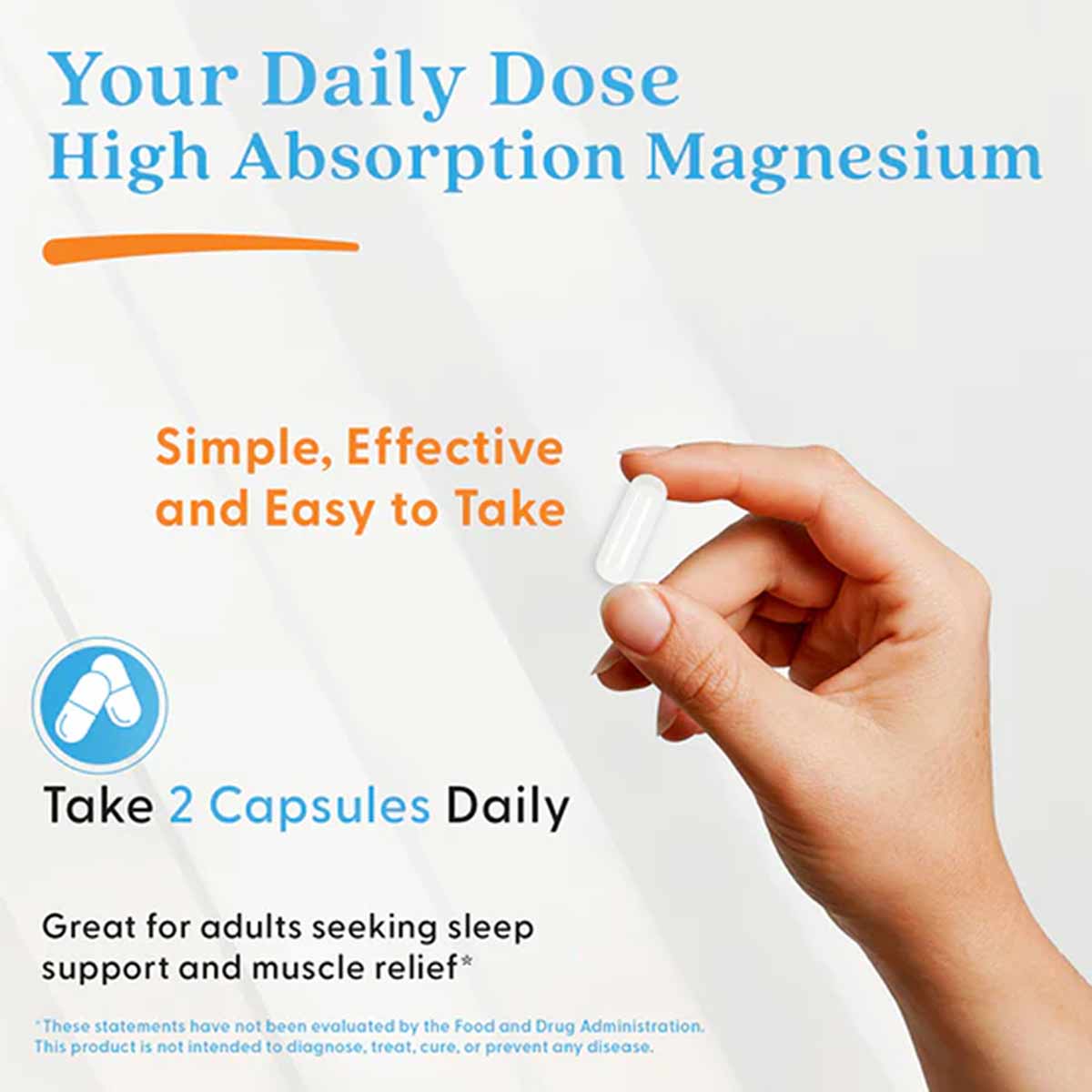 Hand holding white capsule with product information text about magnesium supplement dosage and benefits.