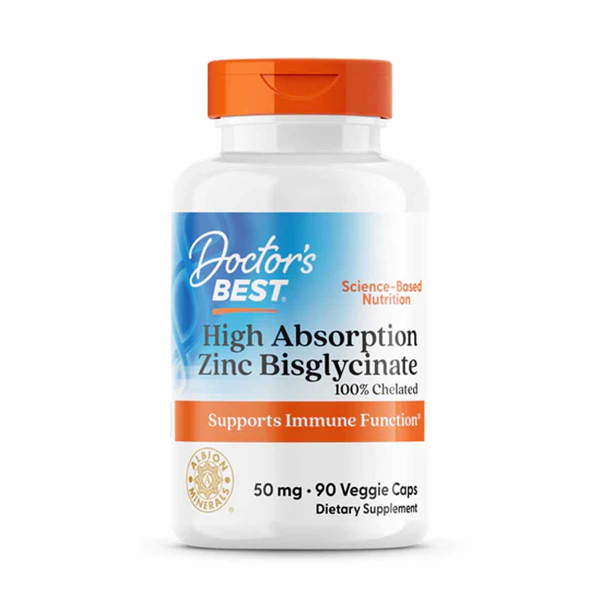 Doctor's Best High Absorption Zinc Bisglycinate supplement bottle with orange cap, 50 mg, 90 veggie capsules.