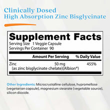 Supplement label showing blue text "High Absorption Zinc Bisglycinate" with nutrition facts panel listing 50mg zinc per veggi