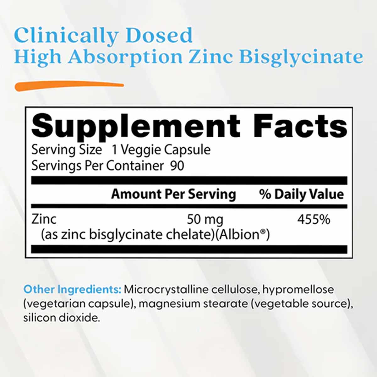 Supplement label showing blue text "High Absorption Zinc Bisglycinate" with nutrition facts panel listing 50mg zinc per veggi