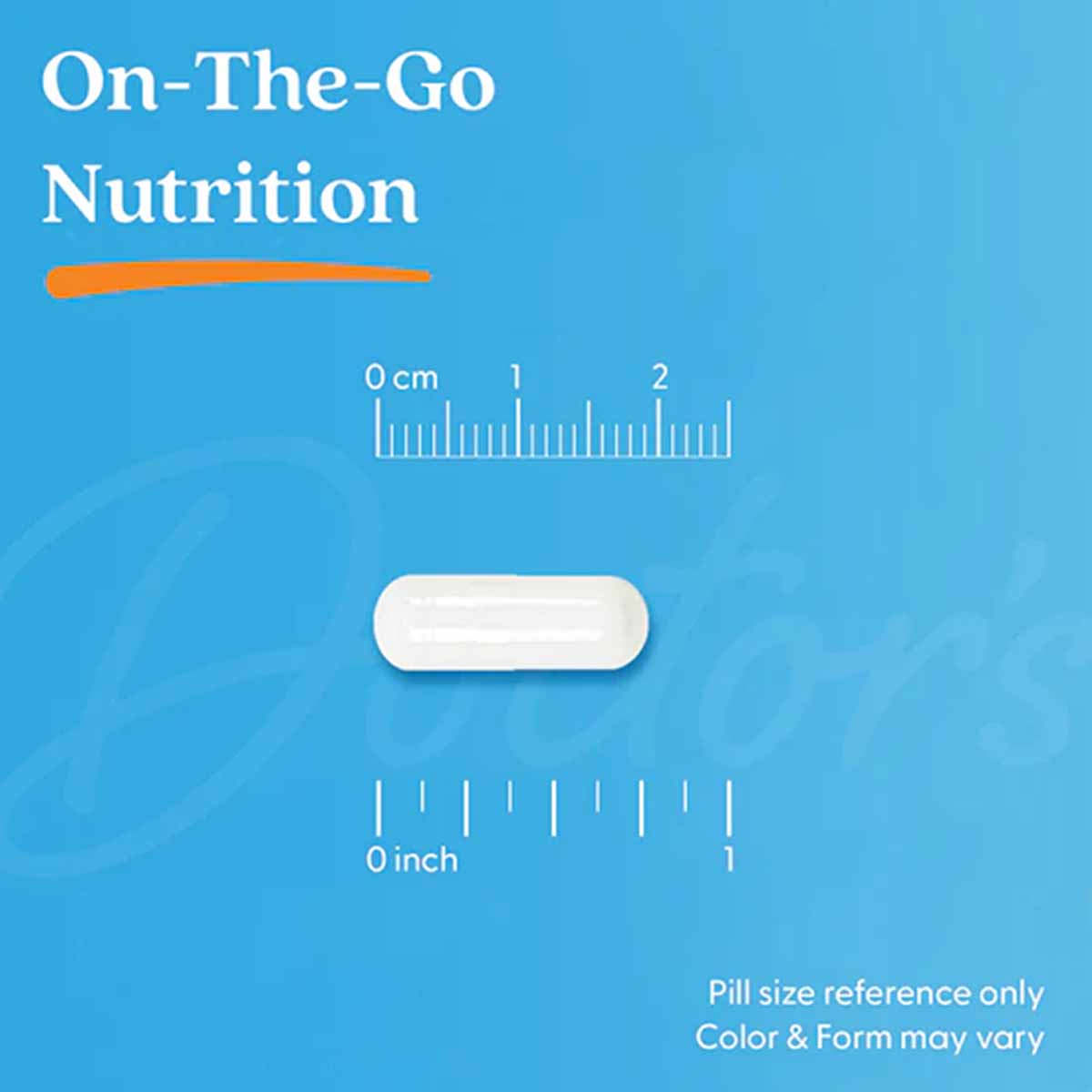 White oval capsule shown with size reference scales in centimeters and inches on blue background.