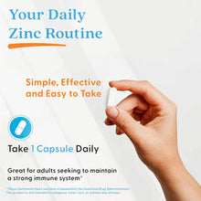 Hand holding a white capsule with text describing daily zinc supplement dosage and benefits.