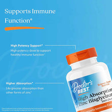 Bottle of Doctor's Best High Absorption Zinc Bisglycinate supplement with orange cap on blue background with text describing 