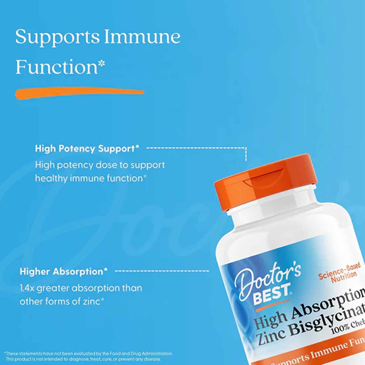 Bottle of Doctor's Best High Absorption Zinc Bisglycinate supplement with orange cap on blue background with text describing 