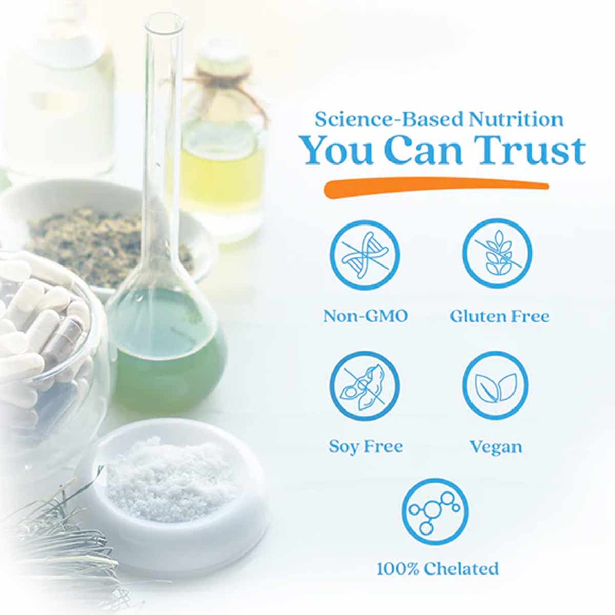Zinc Bisglycinate supplement bottle with lab equipment and ingredient badges displaying Non-GMO, Gluten Free, Soy Free, Vegan