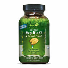 Irwin Naturals bottle with black cap containing 60 golden liquid softgels for Mega D3 & K2 supplement.