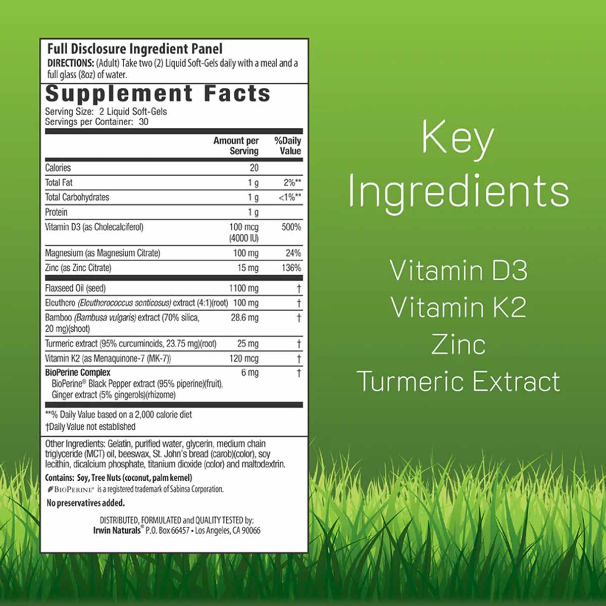 Supplement Facts label for Irwin Naturals Mega D3 & K2 showing ingredient panel with dosage information on green background.