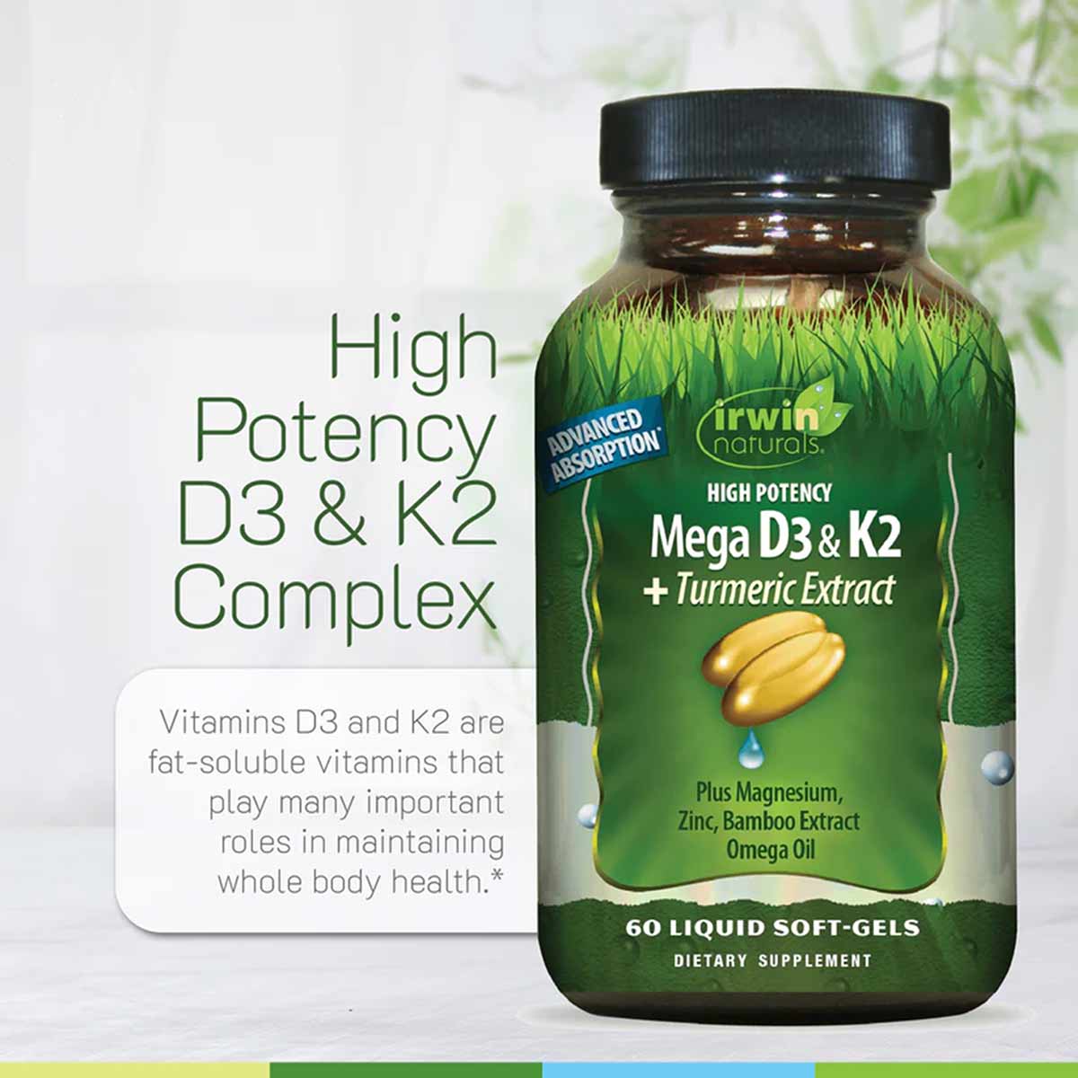 Irwin Naturals bottle with black cap containing 60 liquid softgels of Mega D3 & K2 with turmeric extract.