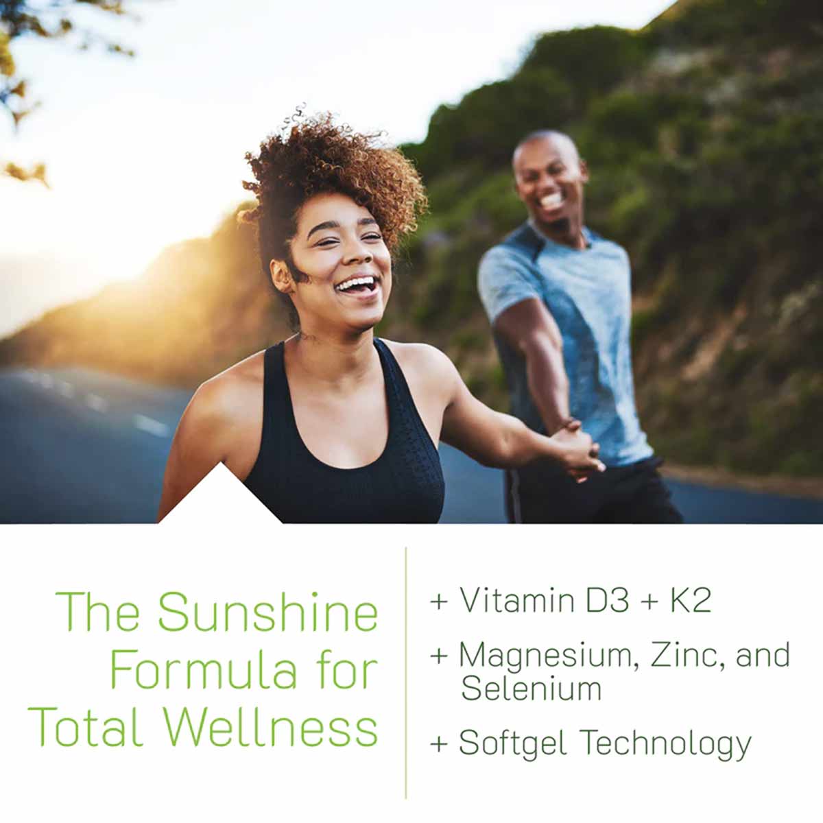 Two people jogging outdoors with text listing Vitamin D3, K2, Magnesium, Zinc, Selenium, and Softgel Technology.