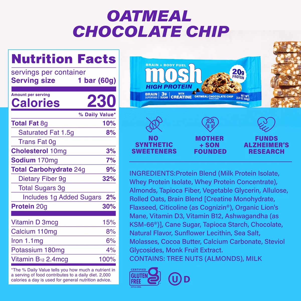 MOSH High Protein bar in Oatmeal Chocolate Chip flavor with 20g protein and creatine, 60g serving size.