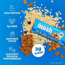 MOSH High Protein Bar with oats, almonds, and chocolate chips on blue background with product packaging and nutrition highlig