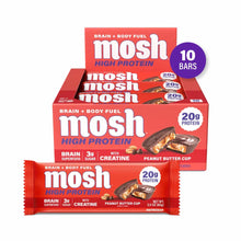 MOSH high protein bars with creatine in peanut butter cup flavor, box of 10 individually wrapped bars.