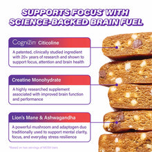 Stack of four tan protein bars with white and chocolate chips, labeled with ingredient callouts for Cognizin Citicoline, Crea