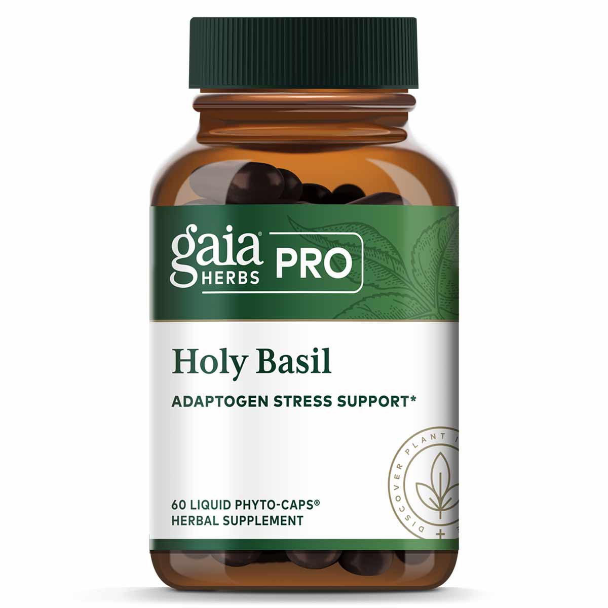 Amber glass bottle with green cap containing 60 dark liquid phyto-capsules labeled Gaia Herbs Pro Holy Basil.
