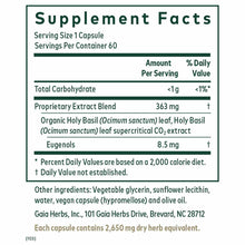 Supplement Facts label for Holy Basil capsules showing serving size, ingredients including organic holy basil leaf extract an