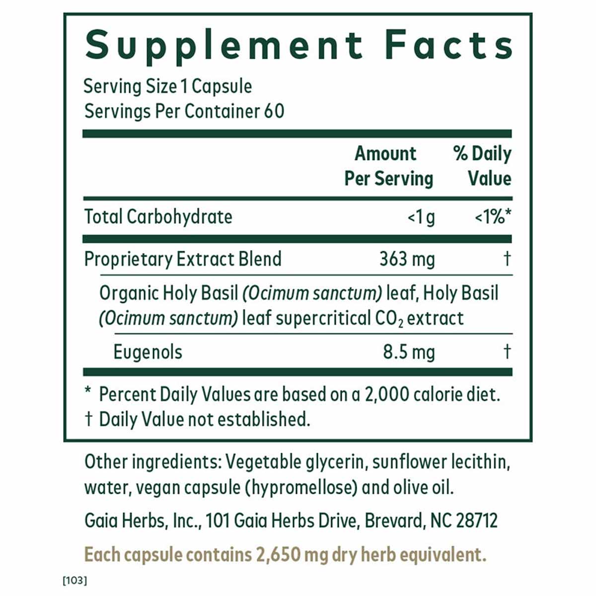 Supplement Facts label for Holy Basil capsules showing serving size, ingredients including organic holy basil leaf extract an