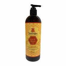 Amber glass bottle with black pump dispenser top featuring yellow honeycomb label and red hexagon logo for Naked Bee bath and