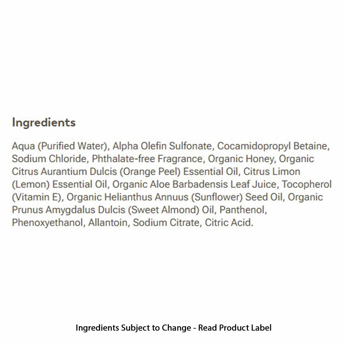 Ingredients list for Naked Bee Honey-Thick Bath & Shower Gel including water, cleansing agents, organic honey, citrus oils, a