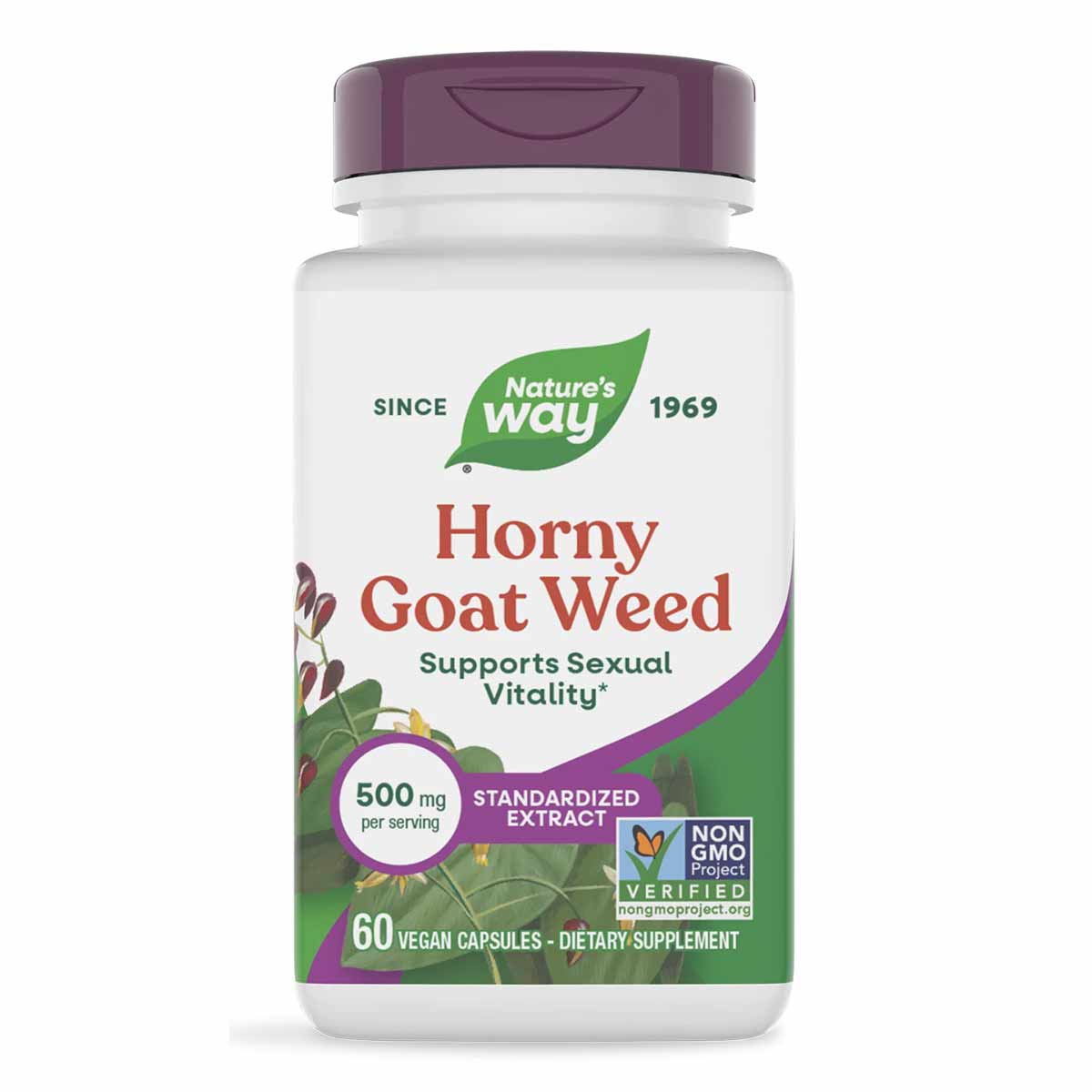 Nature's Way Horny Goat Weed 500 mg supplement bottle with purple cap and label showing 60 vegan capsules.