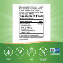 Supplement Facts label for Horny Goat Weed 500 mg with usage recommendations and ingredient information on white background.