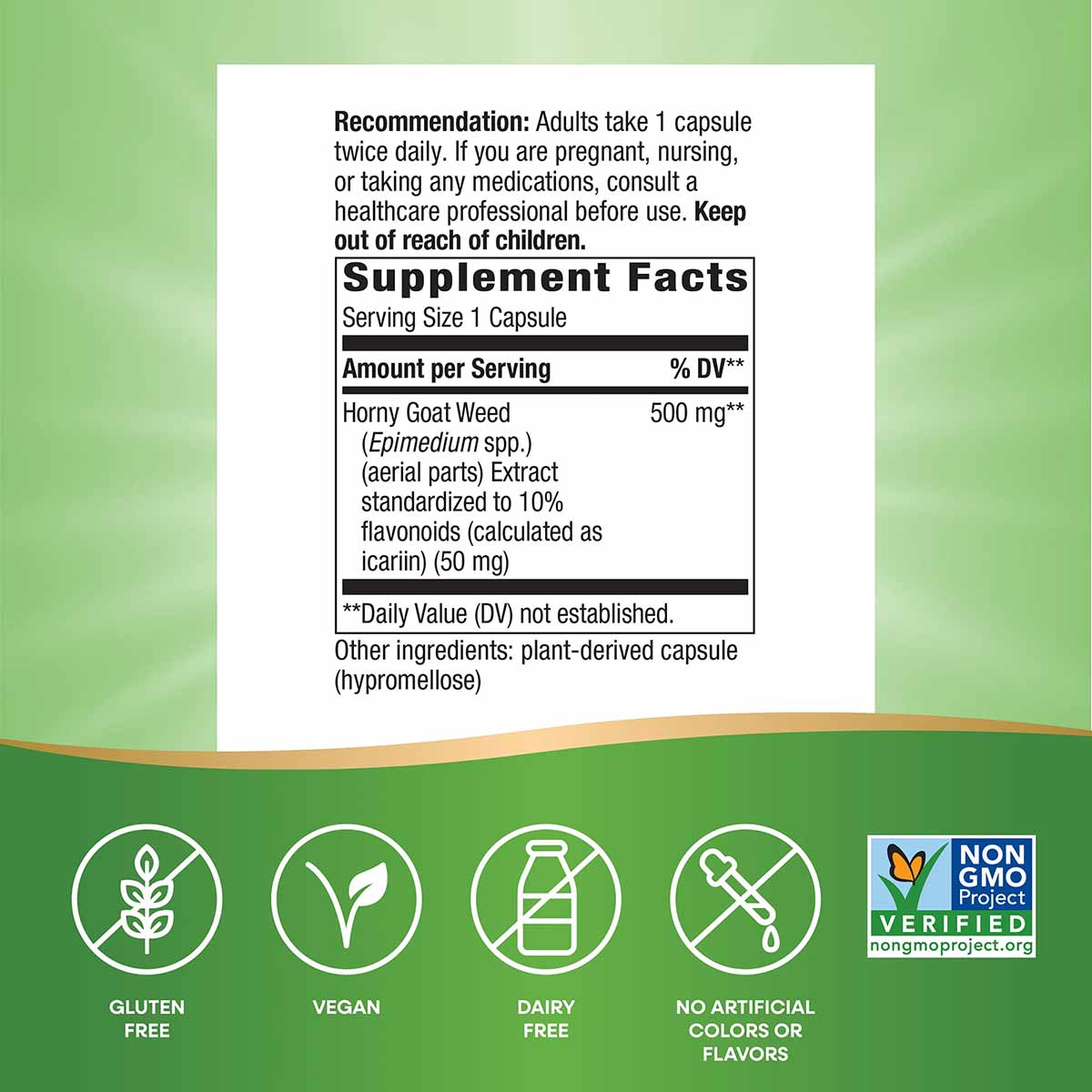 Supplement Facts label for Horny Goat Weed 500 mg with usage recommendations and ingredient information on white background.