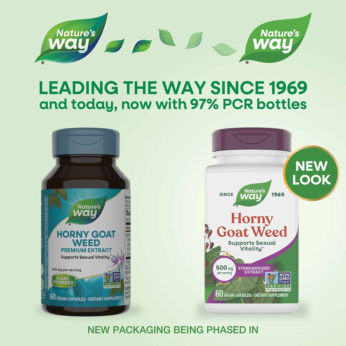 Two Nature's Way Horny Goat Weed 500 mg supplement bottles with dark blue and white-purple labels, containing 60 vegan capsul