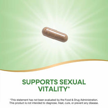 Brown capsule supplement on green and white background with decorative rays.