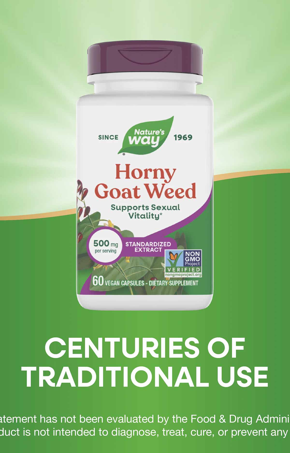 Nature's Way Horny Goat Weed 500 mg bottle with purple cap and white label on green background.