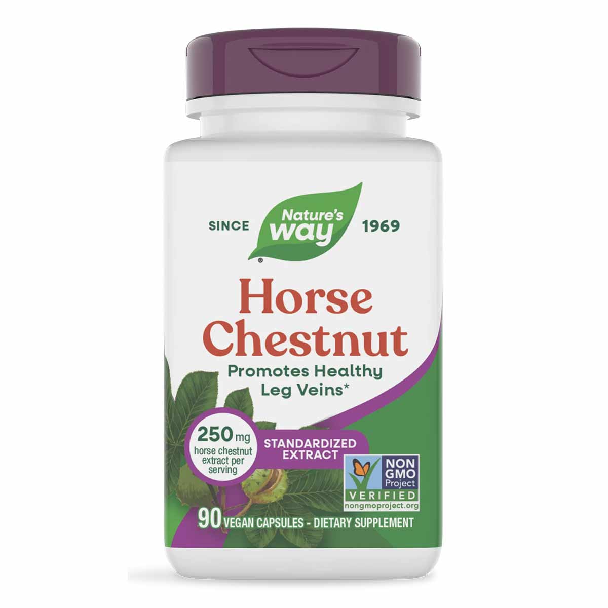 Bottle of Nature's Way Horse Chestnut 250 mg standardized extract dietary supplement with purple cap and label, containing 90