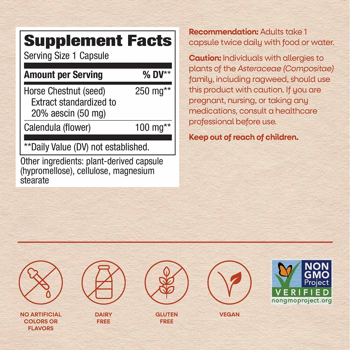 Supplement Facts label showing Horse Chestnut 250 mg per capsule with Calendula, recommendations for use, and certifications 