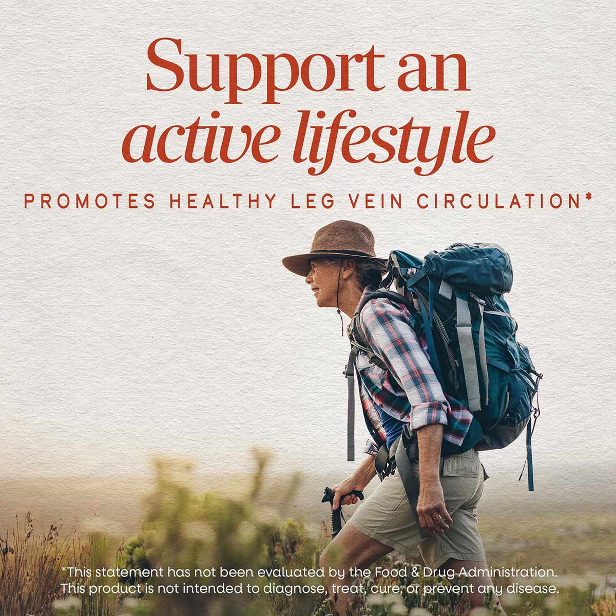 Bottle of Nature's Way Horse Chestnut 250 mg supplement displayed with marketing text and image of hiker with backpack.