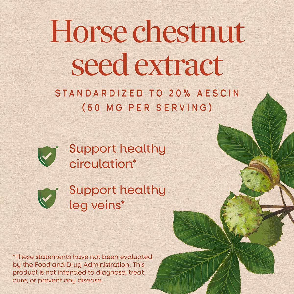 Horse chestnut seed extract supplement bottle label with green leaves and spiky seed pods on beige background.